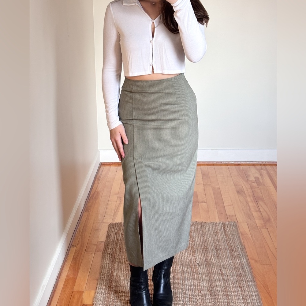 Green/Grey Maxi Pencil Skirt with Slit for Work